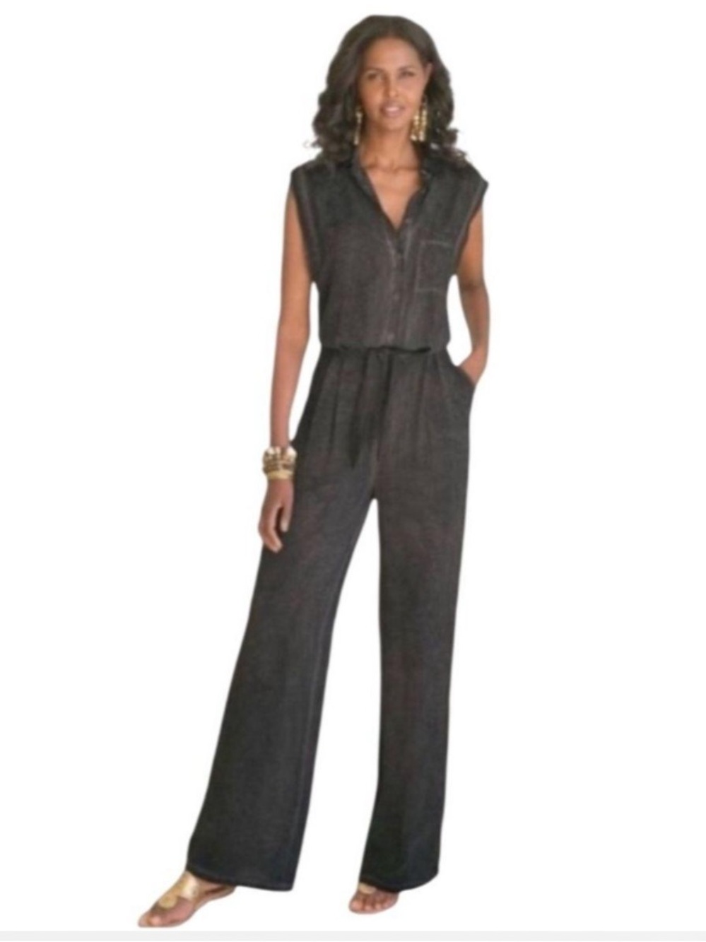 NWT Soft Surroundings Faded Black Sleeveless Wide Leg Utility Jumpsuit